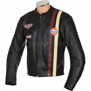 Steve McQueen Gulf Classic Le-Man Armoured Biker Black Leather Jacket